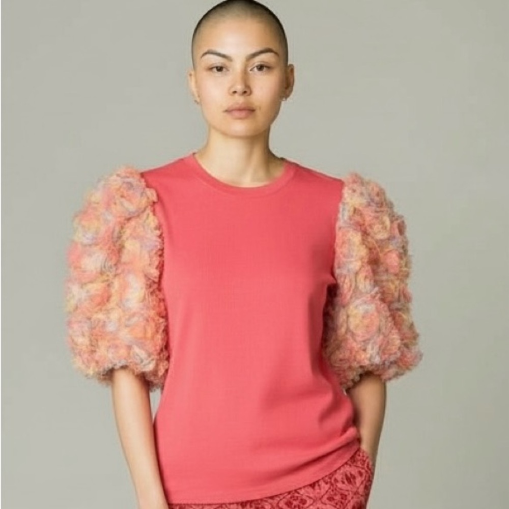BiBi Pink Ribbed Knit Top Floral Puff Sleeves Mesh Tulle Coquette Kidcore M NWT